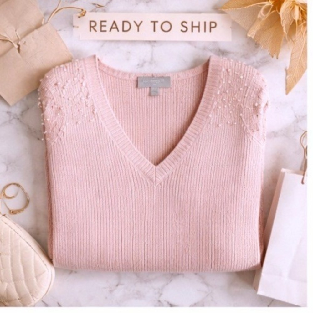 Neiman Marcus Cashmere Collection Pink Pearl Embellished V-Neck Sweater Small - Picture 4 of 12